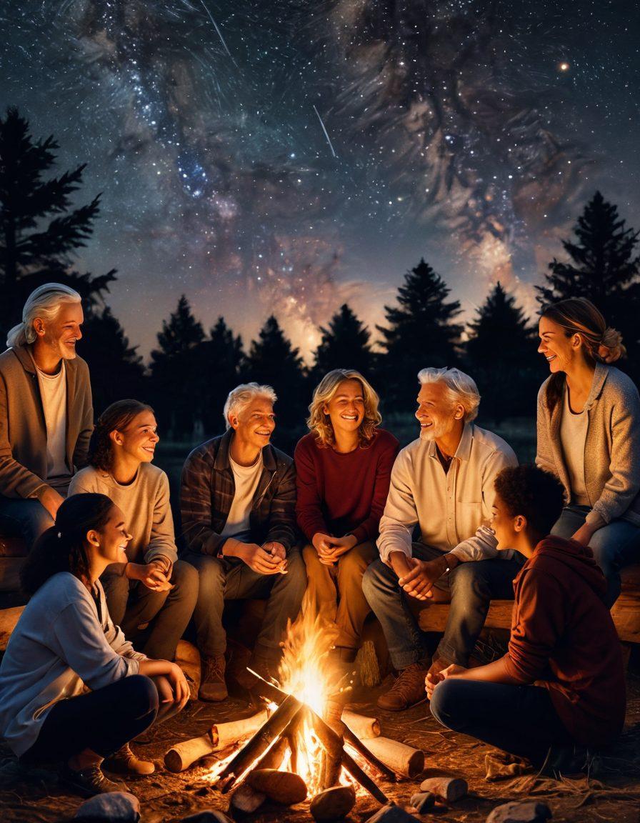 A heartwarming scene of diverse people of different ages and backgrounds gathered around a bonfire, sharing stories and laughter, with warm light illuminating their faces, symbolizing connection and unity. In the background, a starry sky enhances the feeling of togetherness. super-realistic. warm colors. cozy atmosphere.