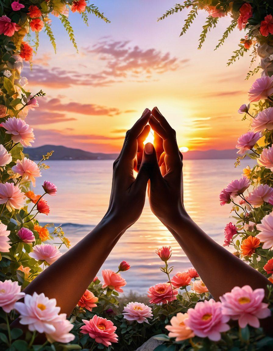 A warm, inviting scene featuring two hands gently intertwined, surrounded by blooming flowers and soft glowing lights to symbolize connection and romance. In the background, a serene sunset creates a dreamy atmosphere, conveying affection and intimacy. The colors are soft and warm, evoking a sense of love and nurturing. whimsical, super-realistic, vibrant colors.