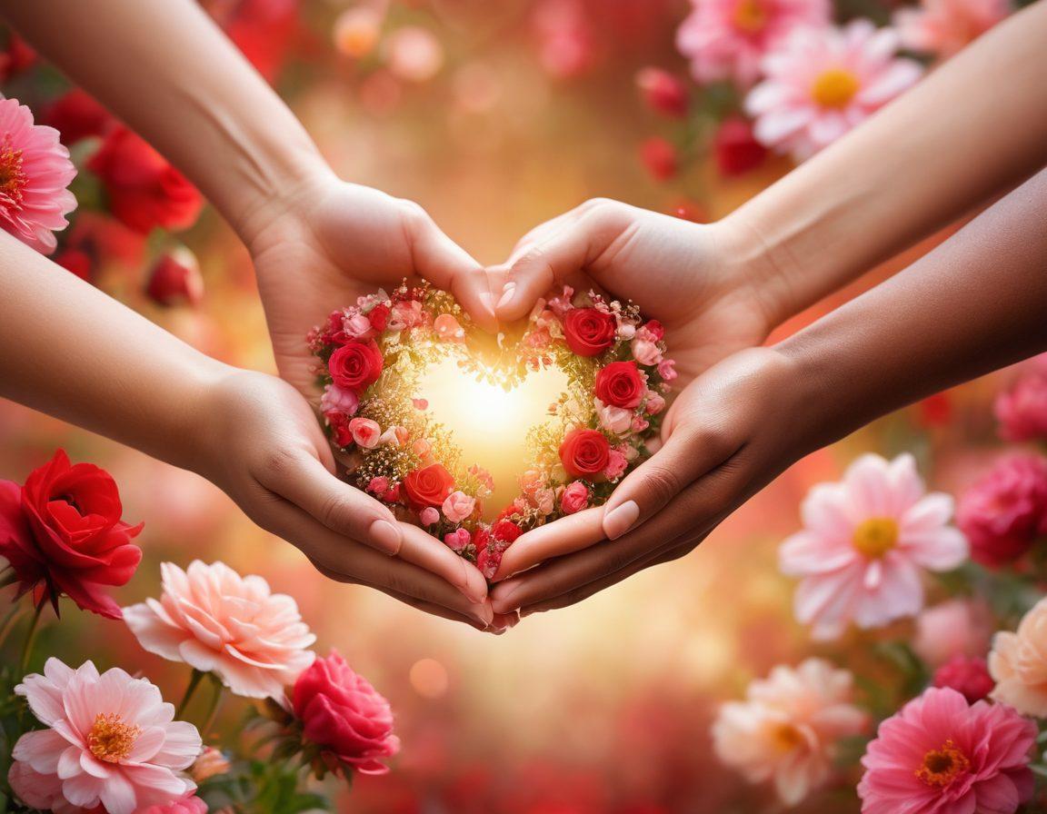 A heart intertwined with various hands of different skin tones, symbolizing diverse relationships filled with adoration. Surround the heart with soft, glowing light and delicate flowers to represent emotional richness. Add warmth in the color palette with shades of red, pink, and gold to evoke feelings of love and connection. Include subtle bokeh effects in the background to enhance the depth of field. soft-focus photography. warm colors.